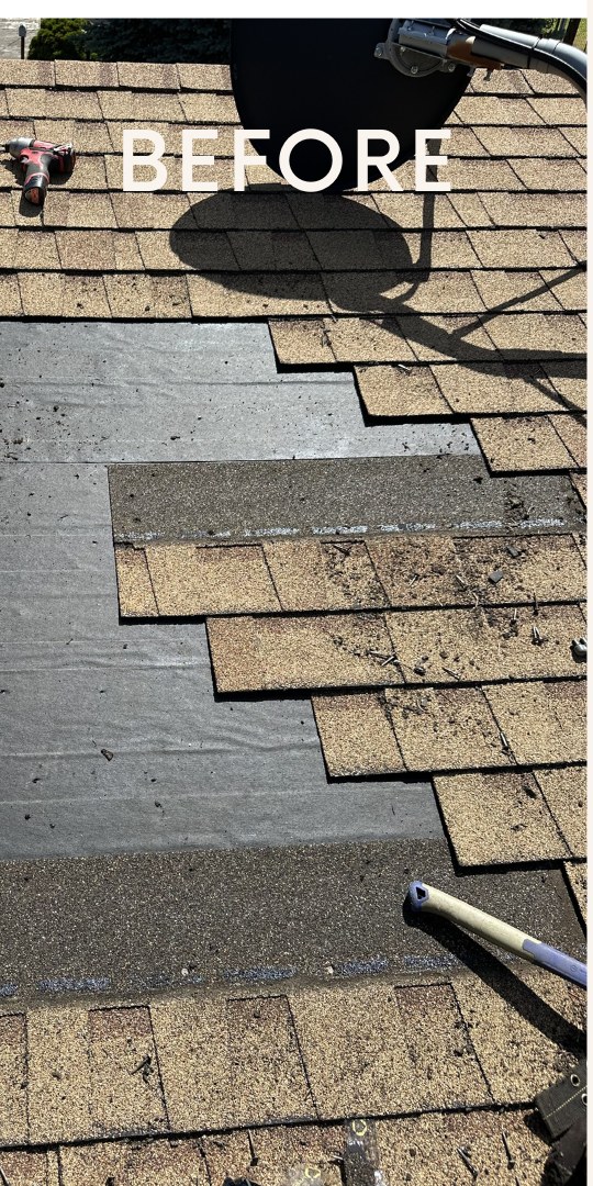 Lifted and damaged asphalt shingles around an old satellite mount before repair