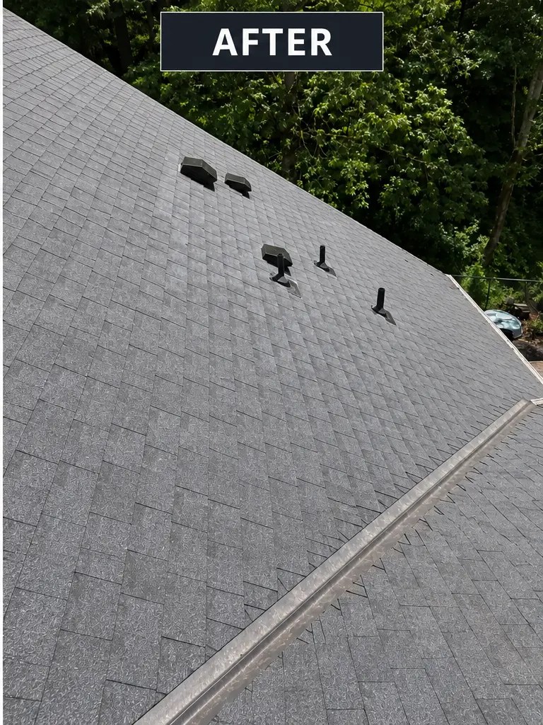 Completed roof deck and shingle repair with new asphalt shingles and vents installed