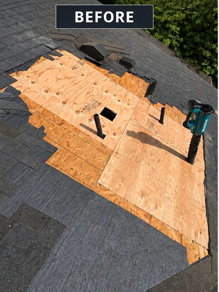 Roof with shingles removed exposing newly installed plywood decking before shingle repair