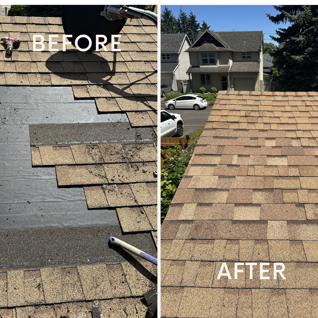 Before and after photos of an asphalt shingle repair, finished roof shown from the ridge