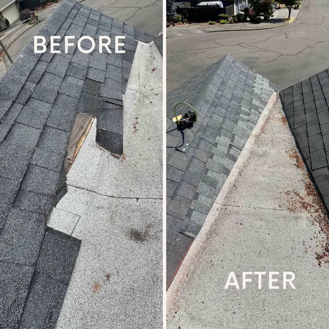 Before and after photos of a ridge and valley shingle repair on a residential roof