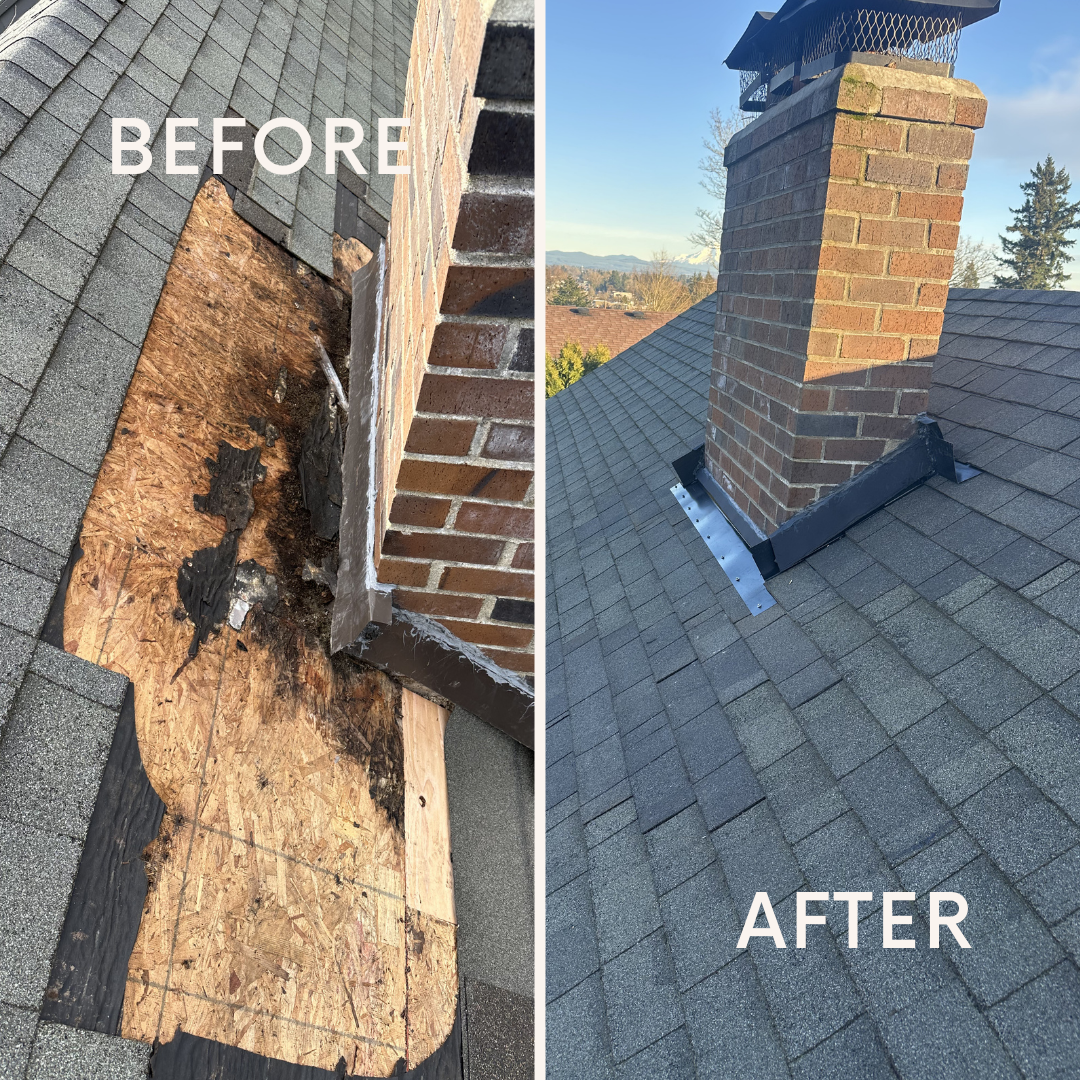 Before and after photos of a chimney flashing repair: rotted roof decking beside a completed shingle and flashing repair