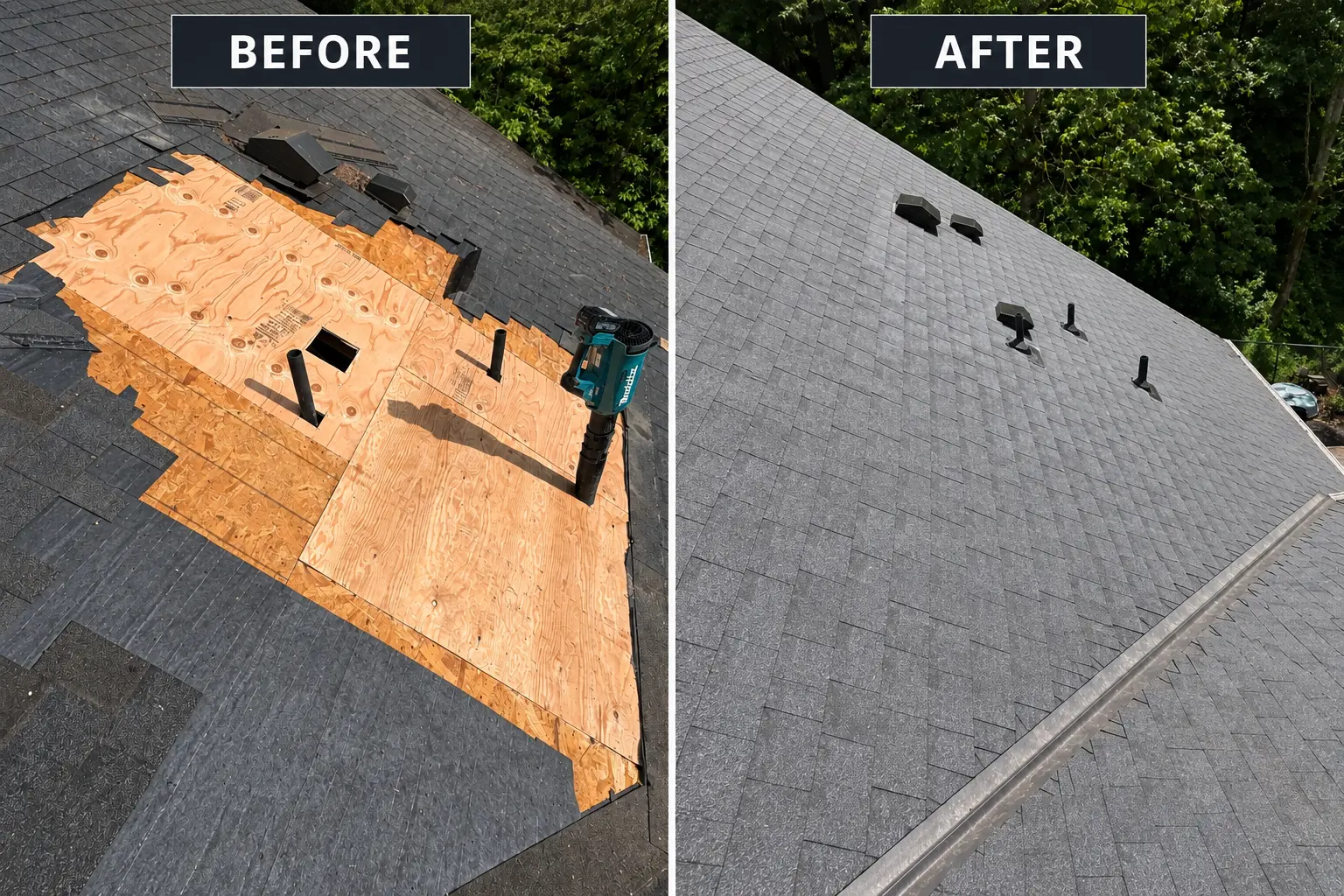 Before and after roof repair showing replaced plywood decking and new asphalt shingles