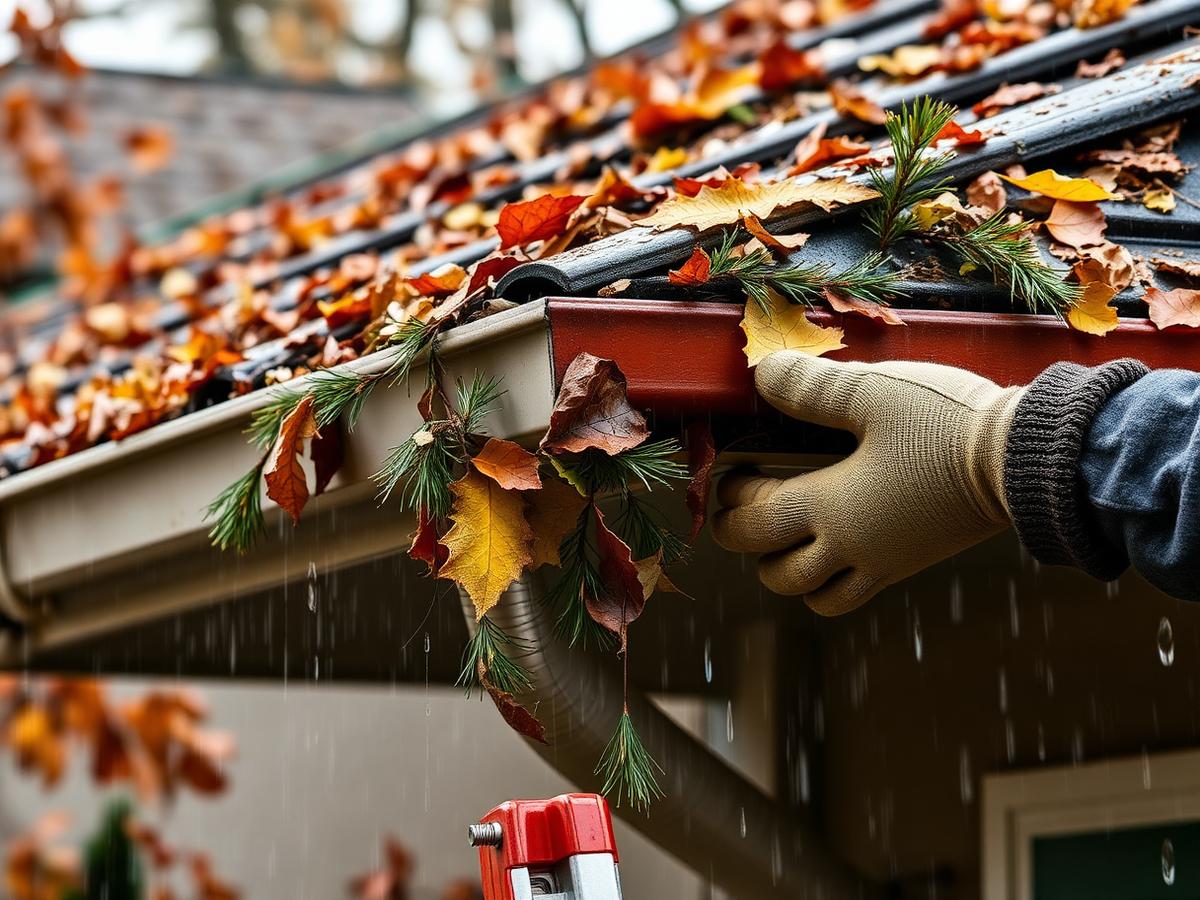 Gutter being cleared of wet leaves and fir needles on a residential home