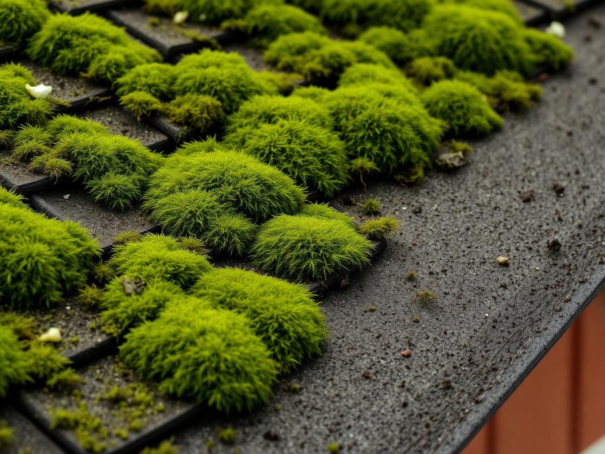Moss growth on weathered asphalt shingles before roof moss removal